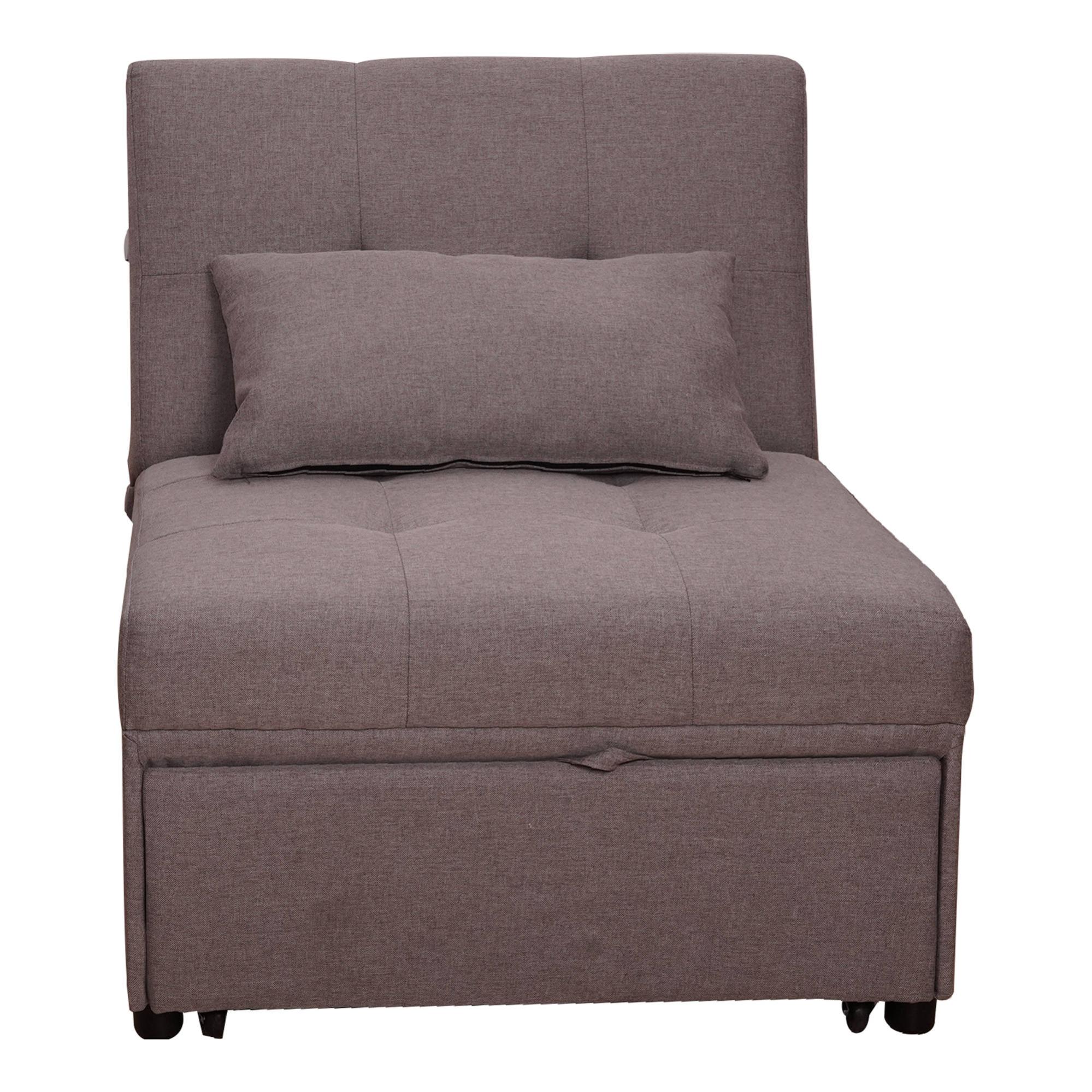 Poltrona Letto Singolo 3 in 1 Reclinabile a 3 Livelli con Cuscino 65,5x104x81 cm in Tessuto Effetto Lino Grigio