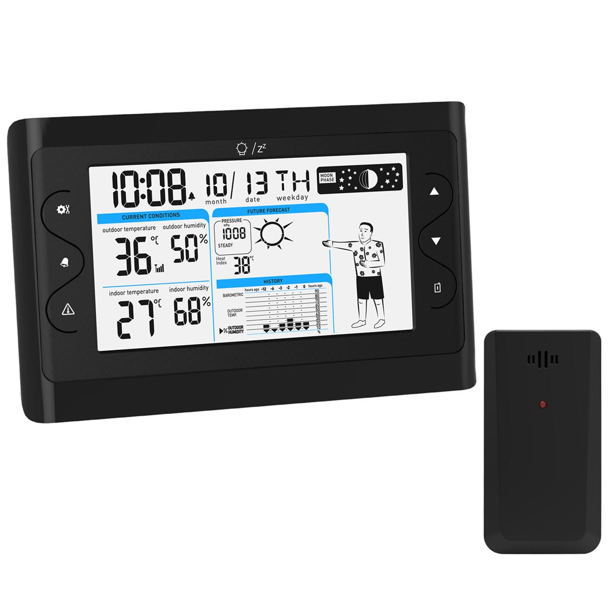 Station Meteo sans Fil avec Temperature Interieure et Exterieure - Ecran  LCD - Alimentation USB / Piles - 7 Langues - Fonction Reveil et Horloge