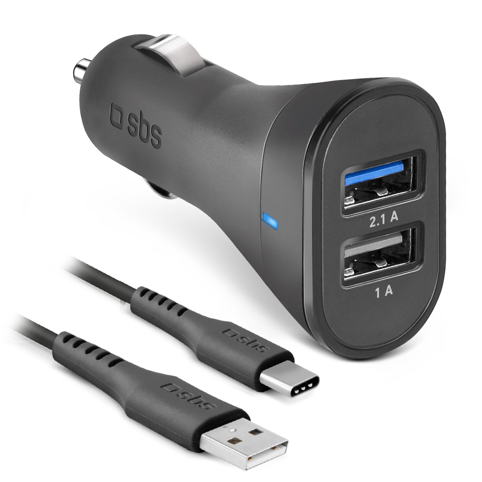 Chargeur voiture 10W allume-cigare 2xUSB-A + câble USB-C- SBS
