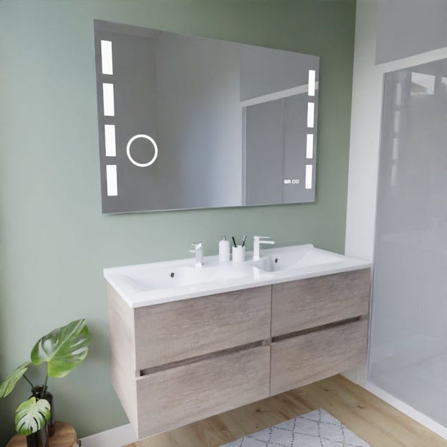Meuble de salle de bain + double vasque et miroir LED à capteur - Visobath