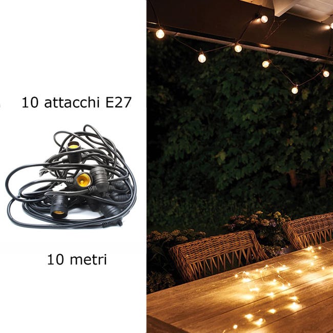 Catena serie luci portalampada E27 10 mt esterno impermeabile ip65 prolungabile Catena serie luci portalampada E27 10 mt esterno impermeabile ip65 prolungabile
