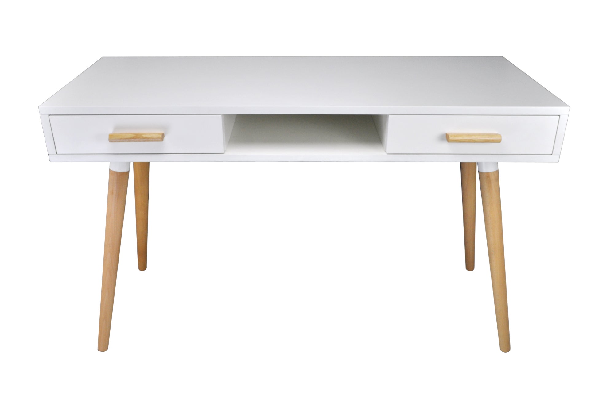 Tavolo di studio, Scrivania NATURAL. Piano in legno colore rovere nordico  spessore 54 mm. Gambe in metallo bianco. 120x60x73cm