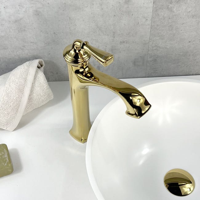 Robinet de lavabo laiton H15.5cm peinture de cuisson blanc or pour salle de  bain