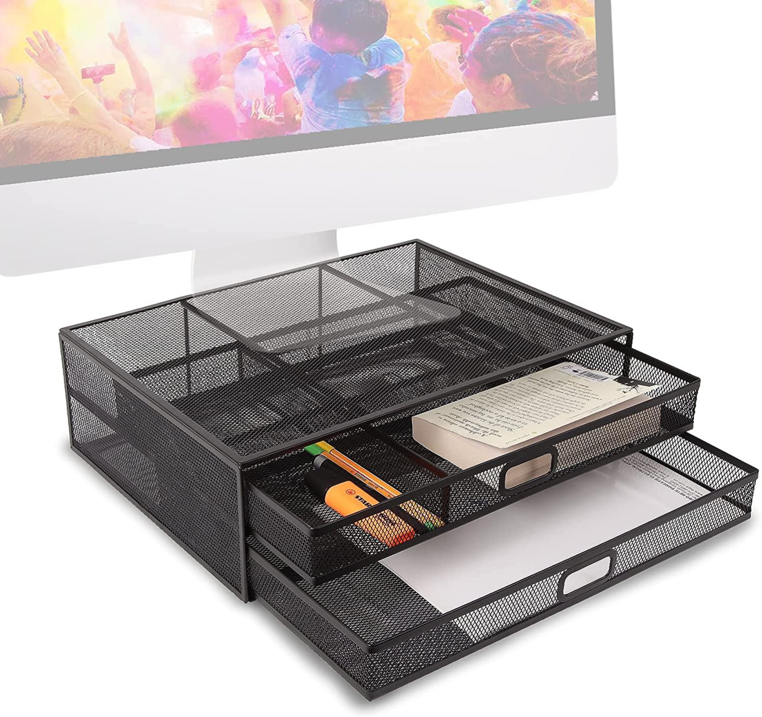 Supporto Per Monitor Con 2 Cassetti E Portacellulare | In MDF, 48x20x10.5 Cm, Nero | Per Scrivania E Ufficio - Foto 14