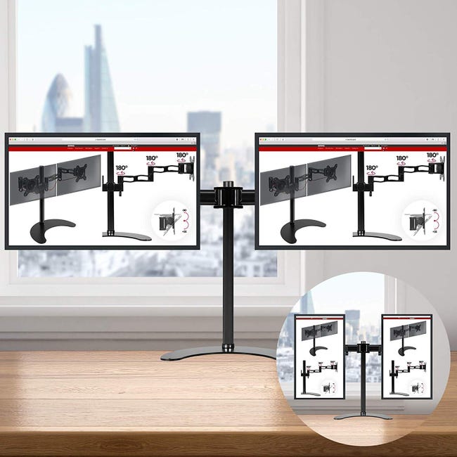 Support double écran inclinable et rotatif à 360° sur table, Noir