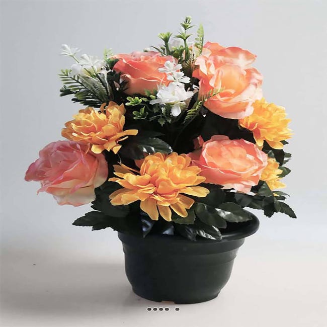 Fleurs artificielles pour cimetière en pot roses et dahlias pompons H40cm  D28cm Saumon - couleur: Rose saumon | Leroy Merlin