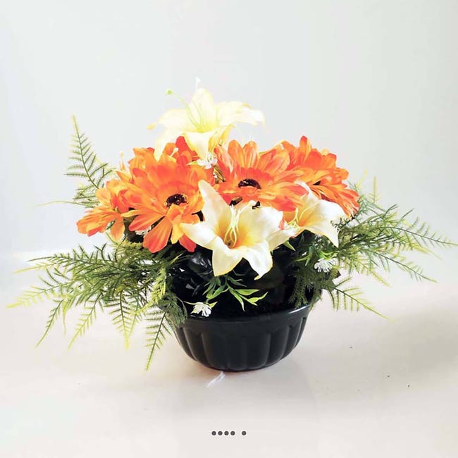 Composition fleurs artificielles pour cimetière vasque lys et gerberas H 28  cm D 32 cm Orange - couleur: Orange | Leroy Merlin