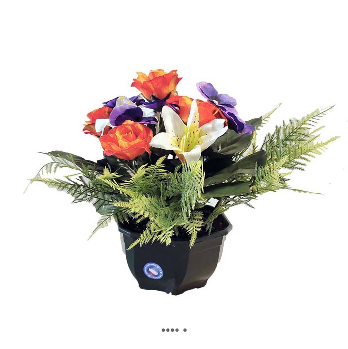 Composition fleurs artificielles pour cimetière vasque roses, lys et  pensées H 28 cm D 32 cm Orange - couleur: Orange | Leroy Merlin