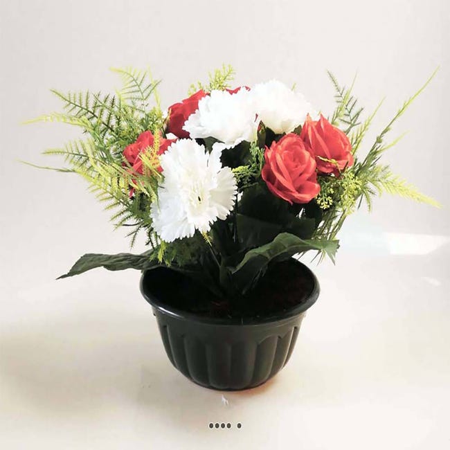 Composition fleurs artificielles pour cimetière vasque roses et oeillets H  28 cm D 32 cm - couleur: Rouge-blanc | Leroy Merlin