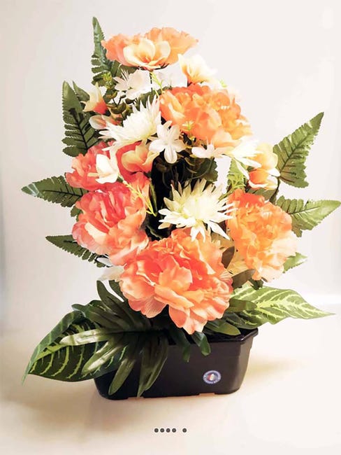 Composition fleurs artificielles pour cimetière jardinière pivoines et  chrysanthèmes H 53 cm L 38 cm - couleur: Rose saumon | Leroy Merlin