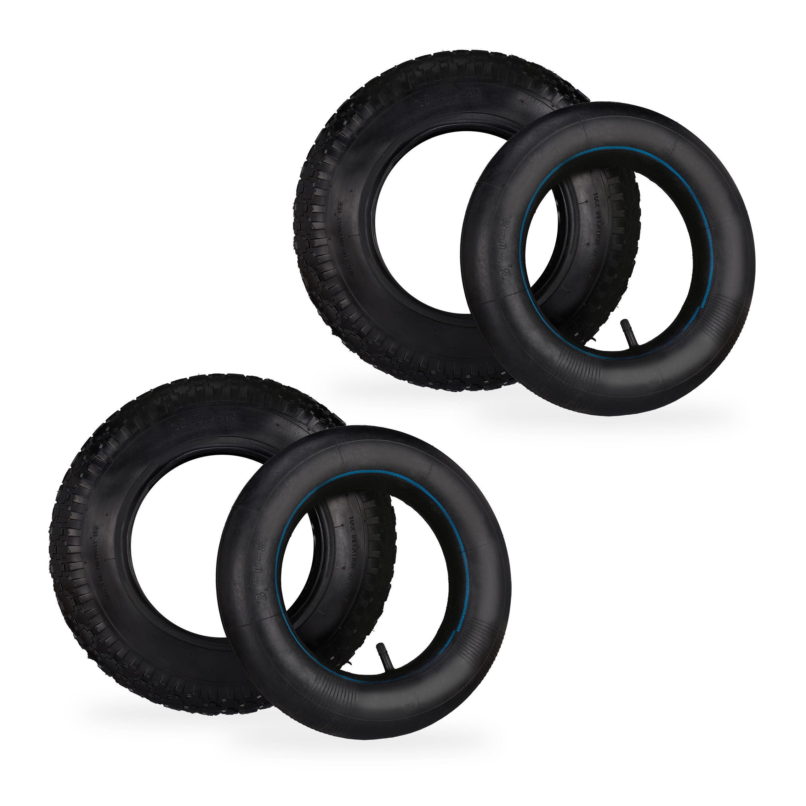 Relaxdays Roue de brouette avec chambre à air, lot de 2 pneus de rechange  3.50-8, pneumatiques, jusqu'à 154 kg, noir