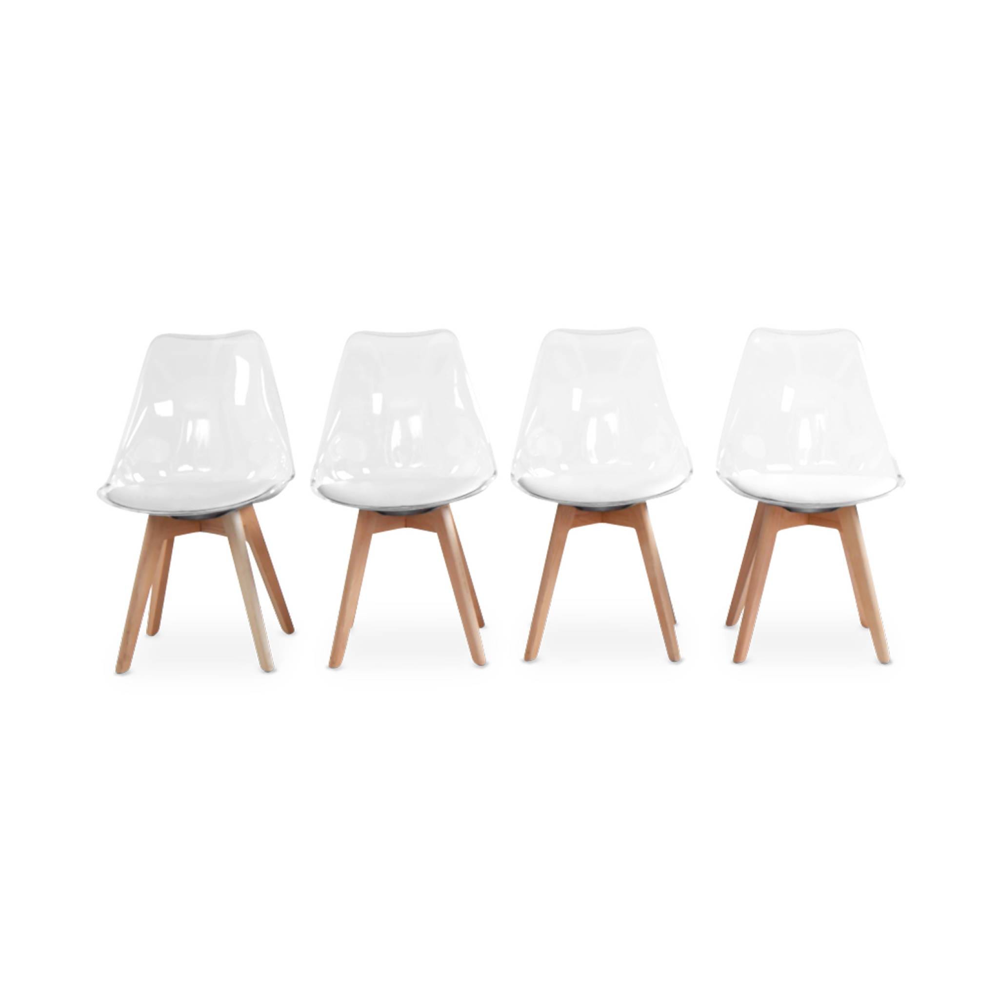 Lot de 4 chaises scandinaves - Lagertha - pieds bois. fauteuils 1 place.  coussin blanc. coque transparente