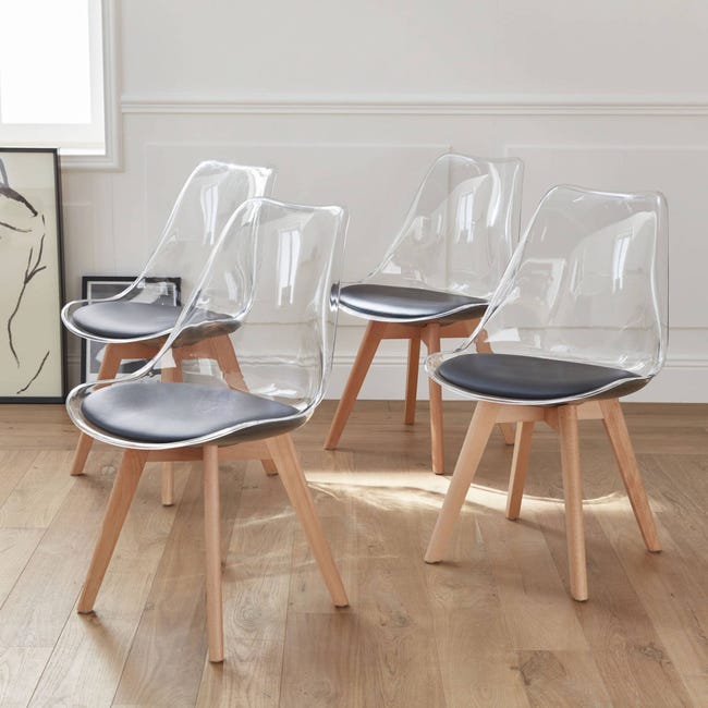 Lot de 4 chaises scandinaves - Lagertha - pieds bois. fauteuils 1 place.  coussin noir. coque transparente