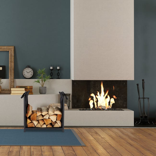 Relaxdays Support bois de cheminée Sac pour bûches, intérieur, design  moderne, Etagère, acier, HlP 50x51x37cm, noir