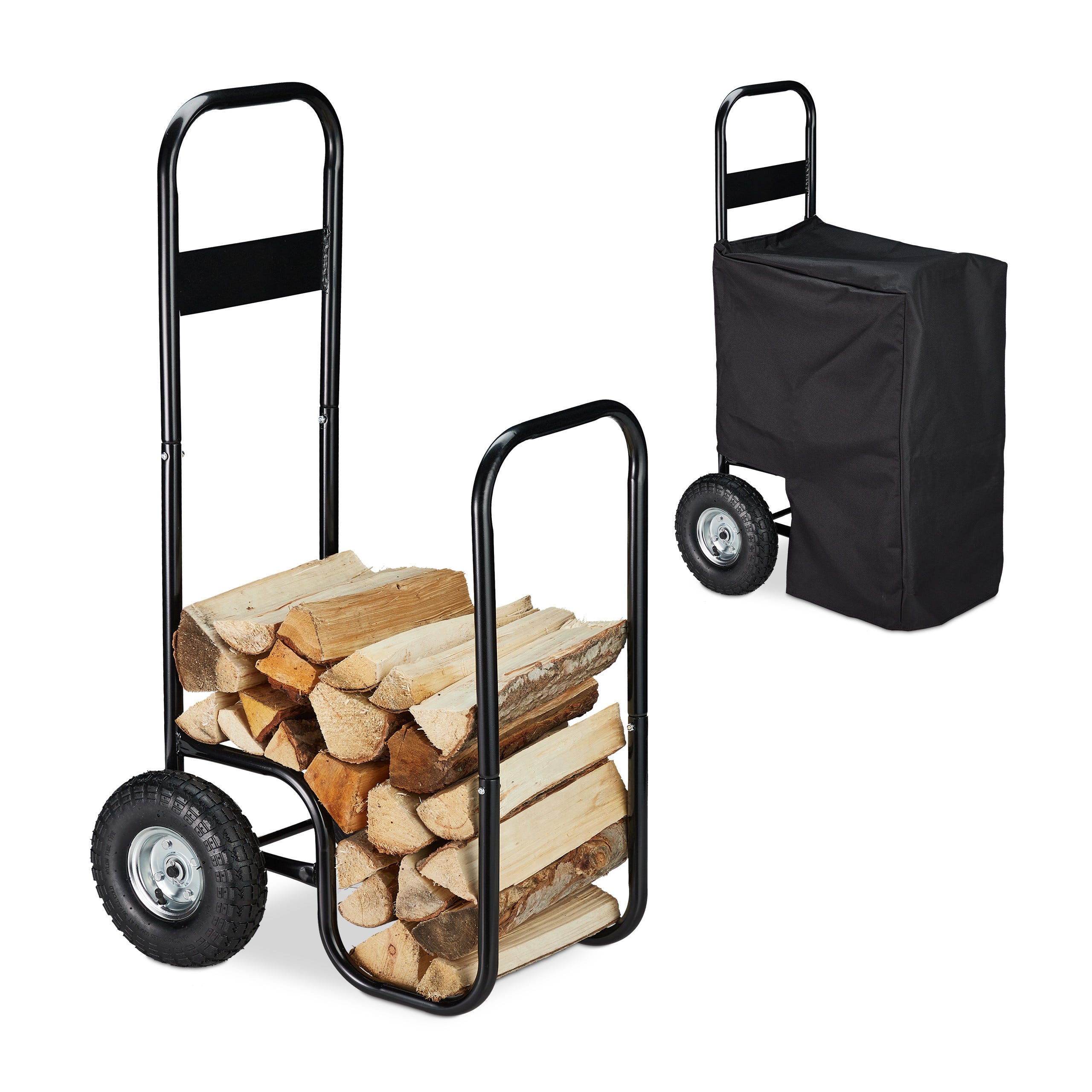 Relaxdays Chariot à bois, métal, bâche de protection, 2 roues, 60 kg,  transport & stockage, panier à bûches, noir