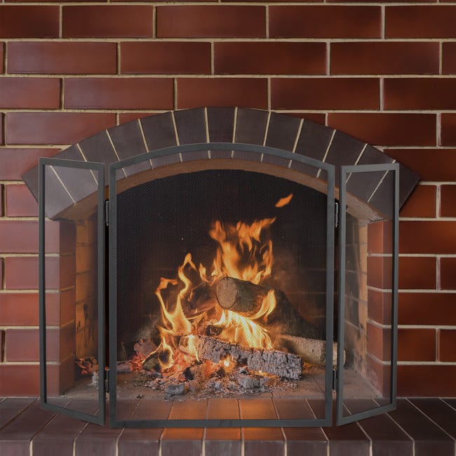 Grille de protection pour cheminée - pare-feu large pour cheminée ou poêle  - pare-étincelles - barrière de sécurité - 3 volets pliables - métal noir