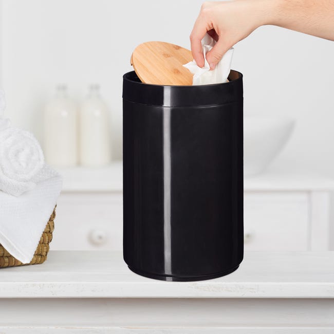 Relaxdays poubelle salle de bain 5l, couvercle oscillant en bambou,  moderne, plastique, 5,5 L, H x D 26,5 x 18 cm, noir