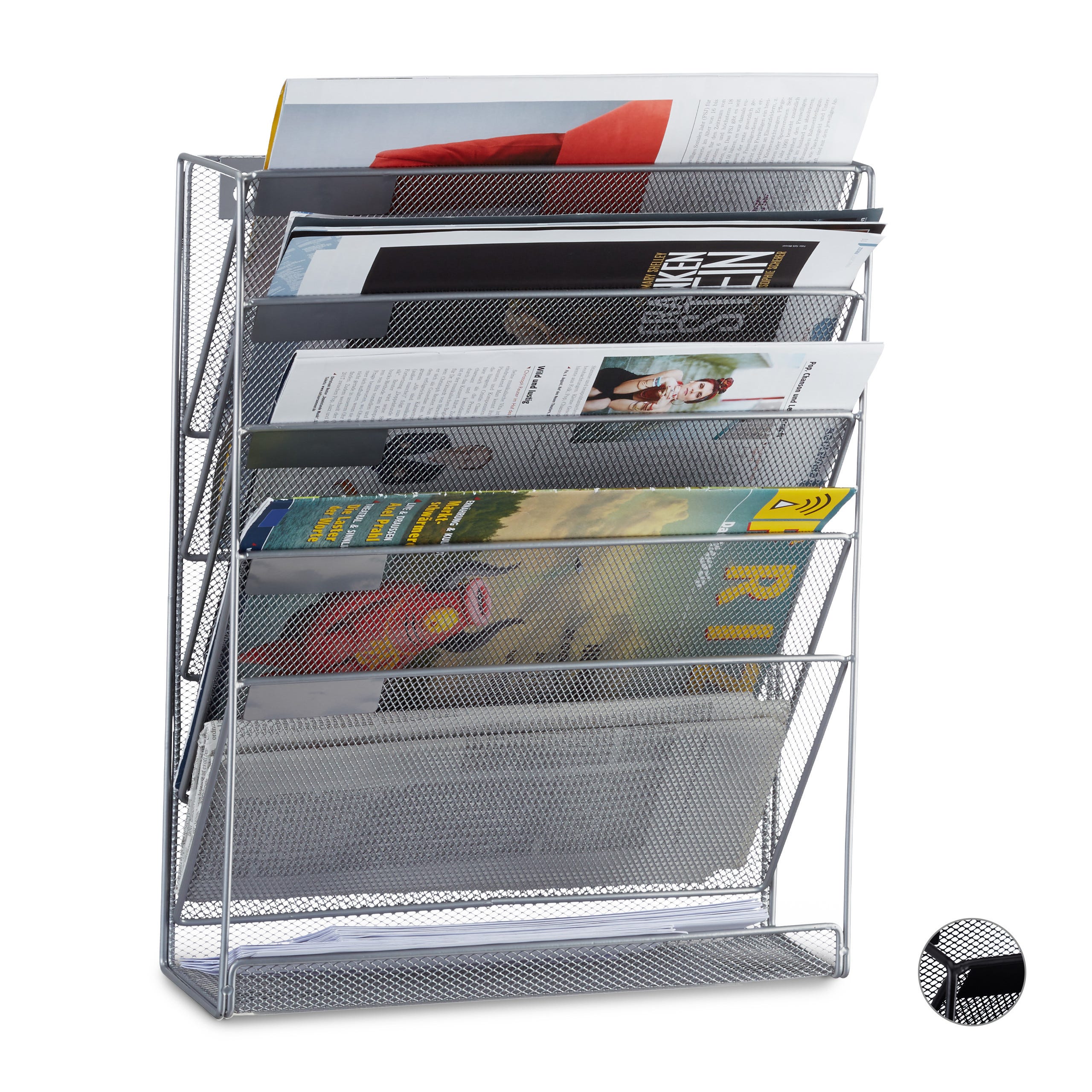 Relaxdays Porta-riviste da Muro, Depliant da Parete A4 Espositore Stand per  Giornali HLP: 40 x 32 x 10 cm, Argentato