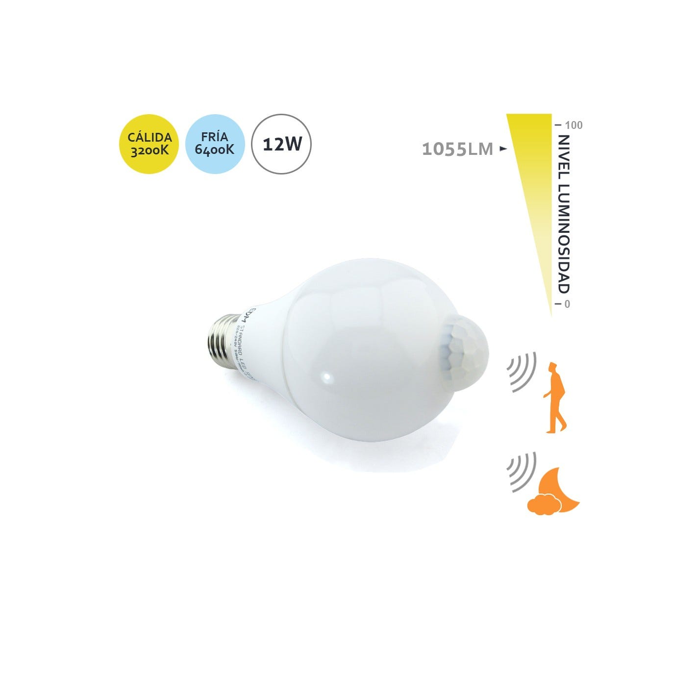 Bombilla LED estándar 12W E27 sensor movimiento y crepuscular EDM Blanco  Fría 6400K Blanco Fría 6400K
