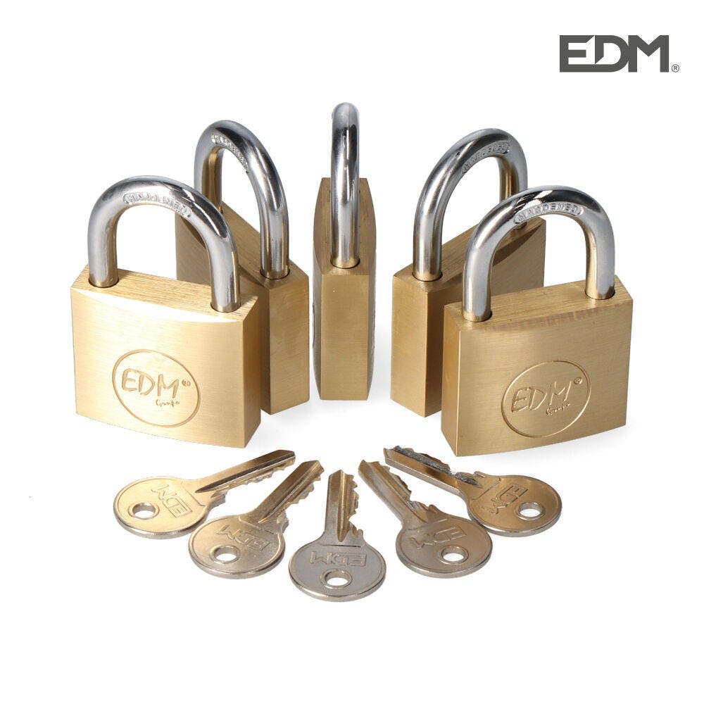 Pack 5 candados de laton arco normal 5 llaves iguales 40x23mm edm  8425998852455 85245 EDM