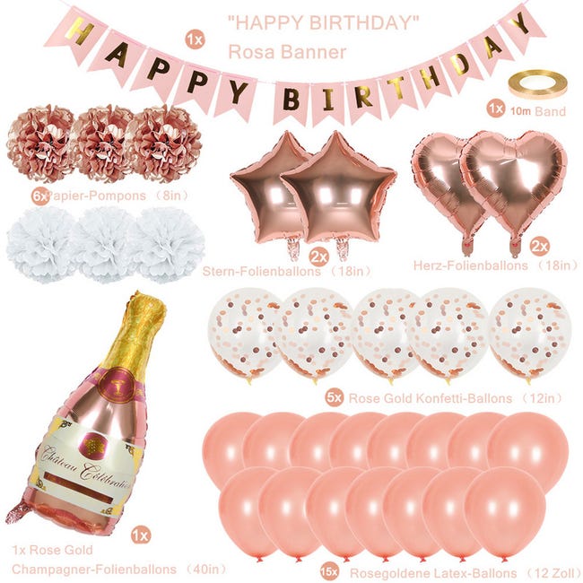 Set de ballons d'anniversaire,Or rose Happy Birthday ,Décoration d' anniversaire avec ballons en plastique et confettis