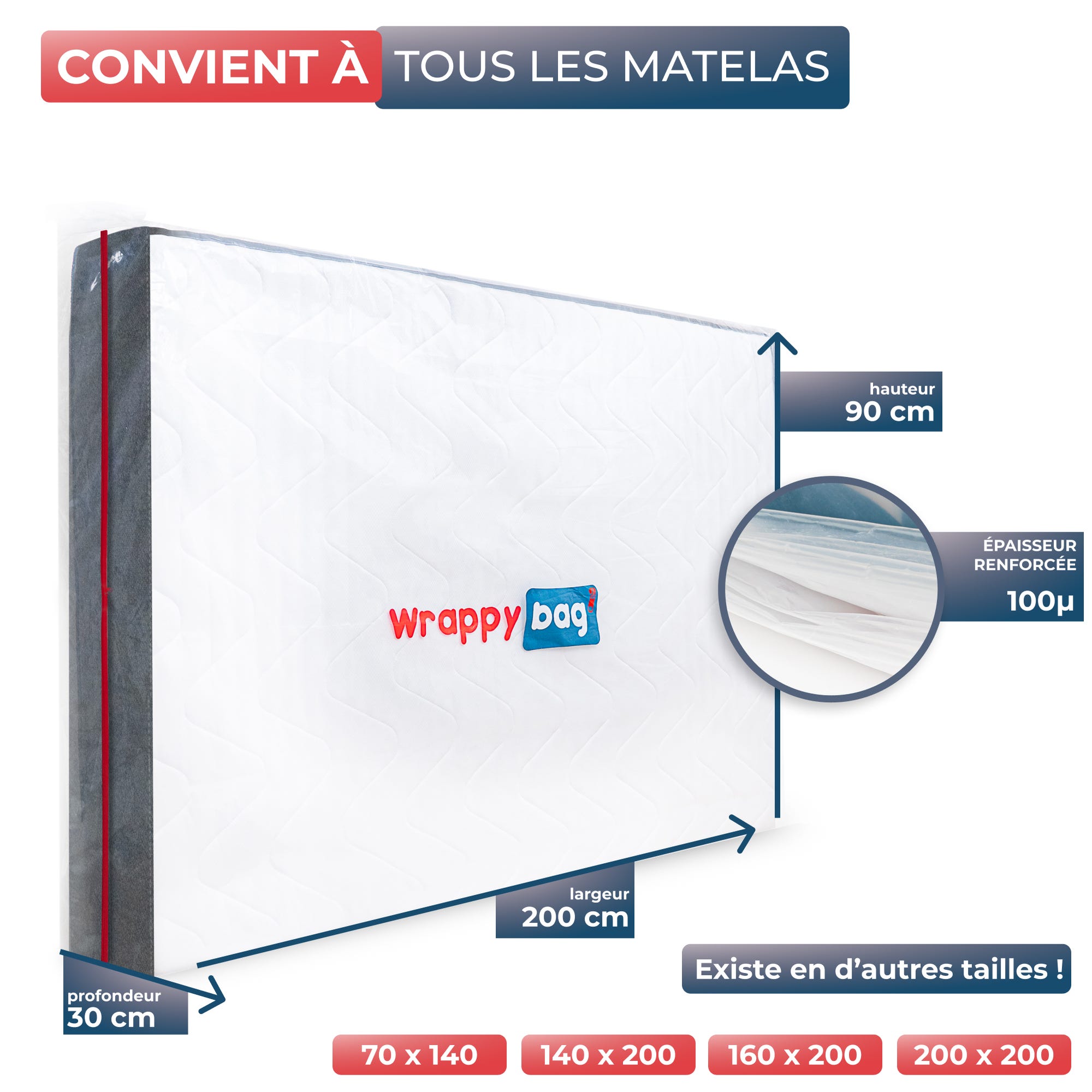 WRAPPYBAG® Housse de Protection en Plastique pour Matelas - 90x200