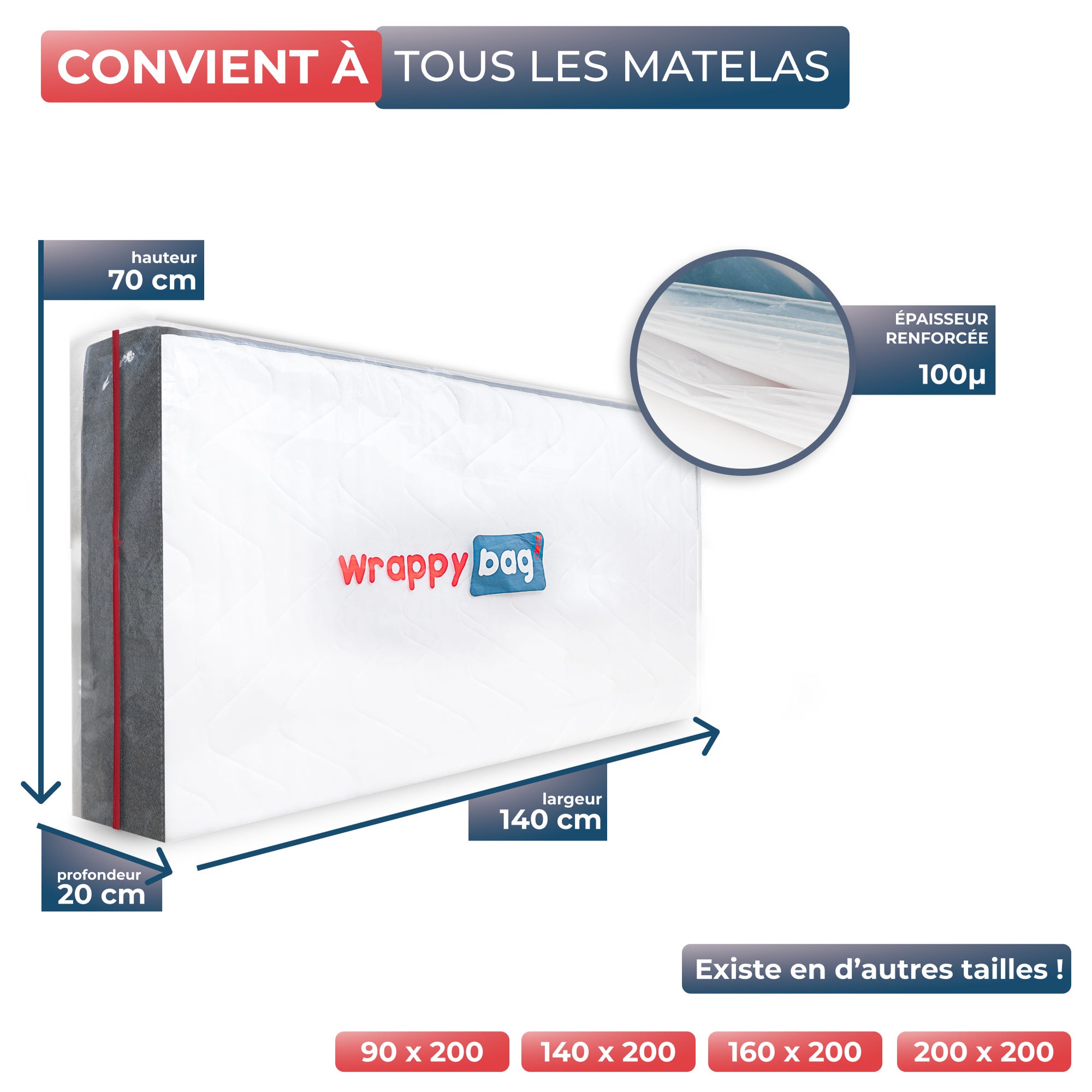WRAPPYBAG® Housse de protection pour Matelas 160x200cm – Pour