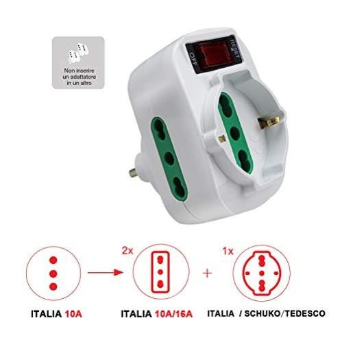 Adattatore Multipresa Con Interruttore – 3 Prese (2 Bipasso 16A + 1 Schuko) E Protezione Da Sovraccarico, Bianco