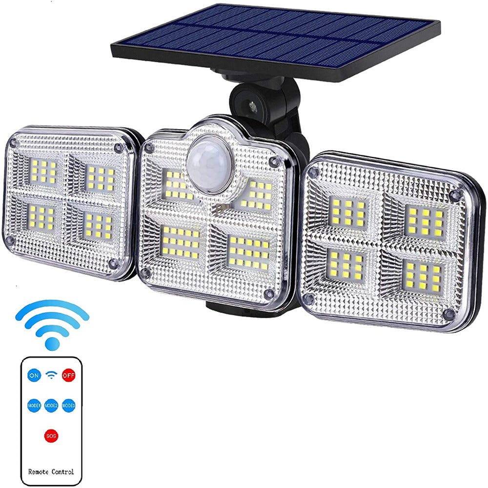 Lampe solaire LED extérieur detecteur de mouvement Lumière solaire 3 Têtes  122 LED IP65 Projecteur solaire + Télécommande 3 Modes