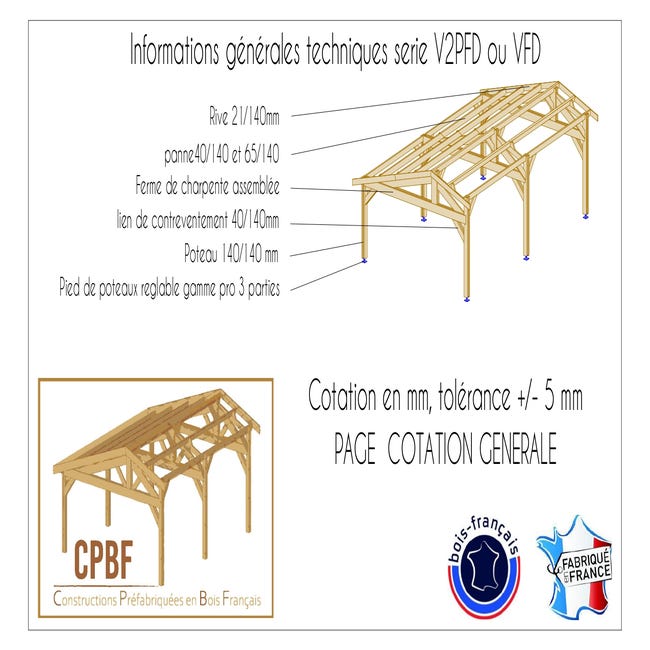 CPBF charpente deux pentes, bois DOUGLAS Français label PEFC (Carport -  Auvent - Abri voiture) 500 cm x 950 cm, surface 47,5 m².