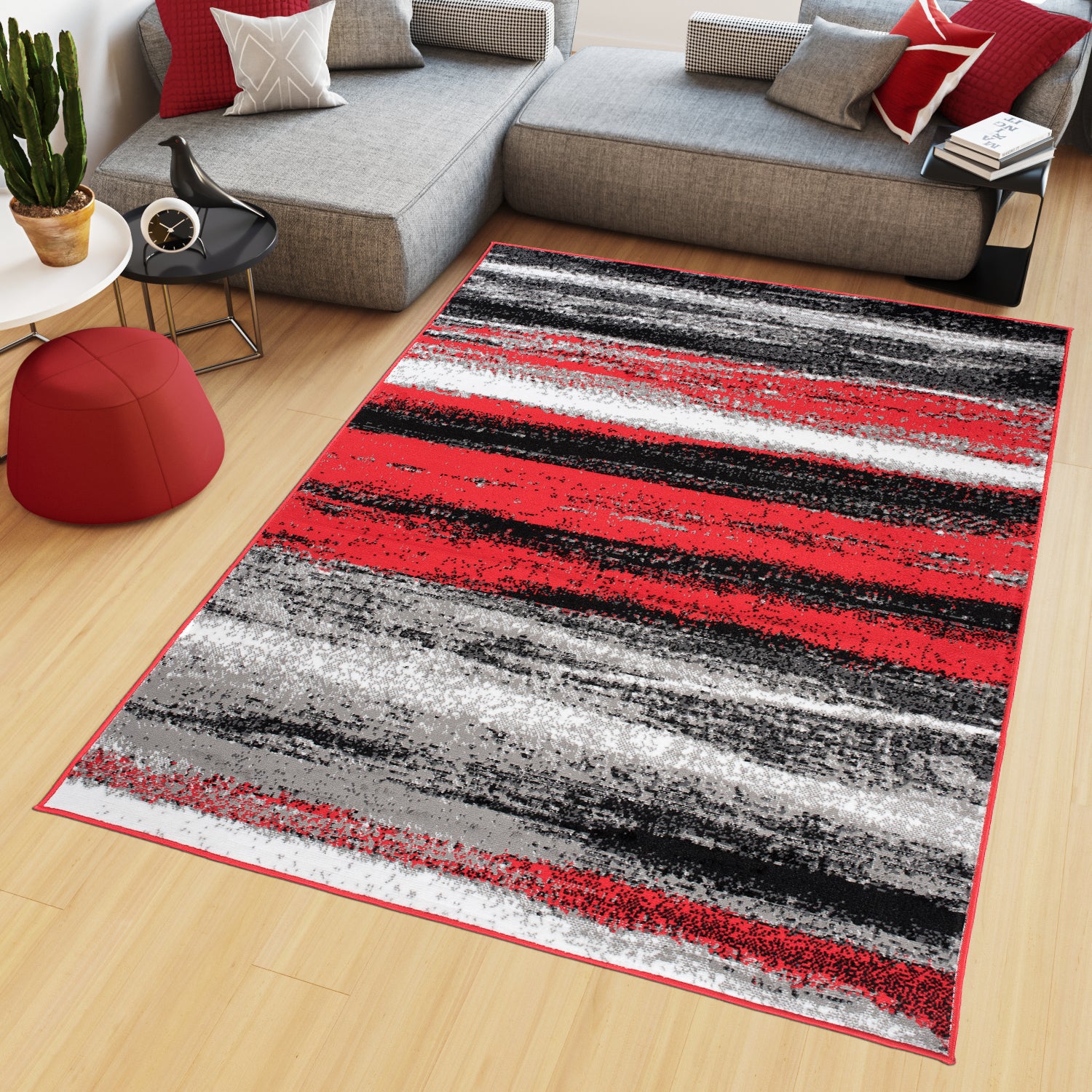 Tapis de Salon Chambre Moderne Rouge Noir Gris Rayures Fin MAYA 300x400 ...