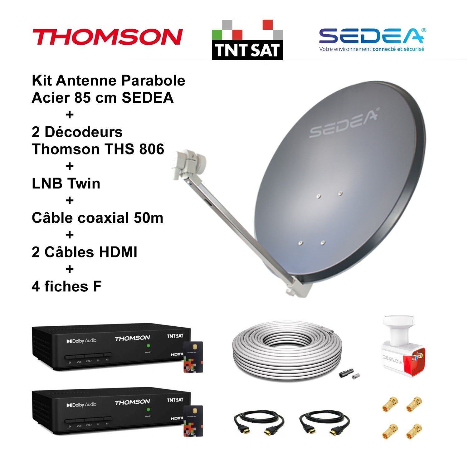 Kit de antena parabólica de acero, 85 cm, 38,2 DB Antracita, LNB Twin Full  HD 4K Ultra HD + 2 decodificadores DS81 HD TNTSAT + cable coaxial de 50 m +