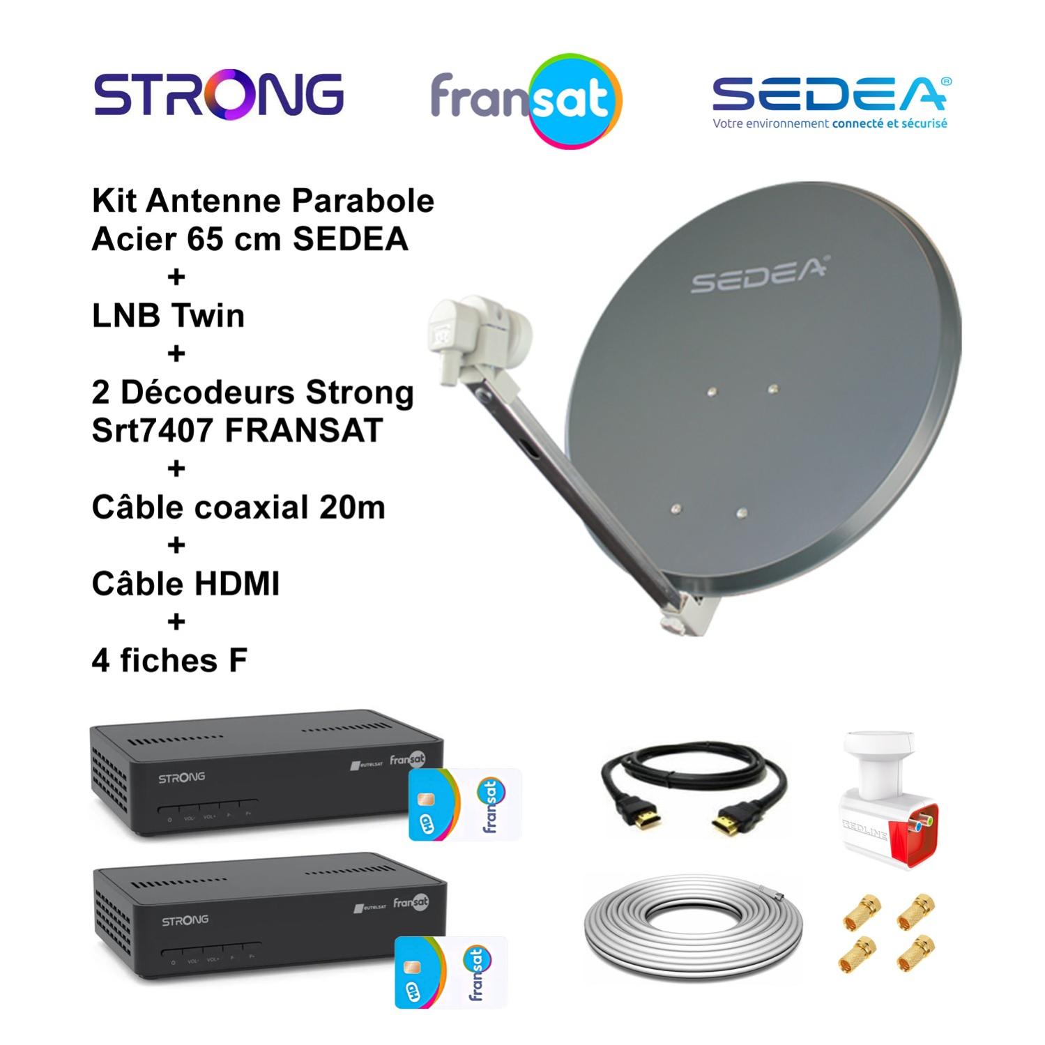 Kit Parabole Acier 65 cm Anthracite + LNB Twin 0,1 dB HD + 2 Décodeurs