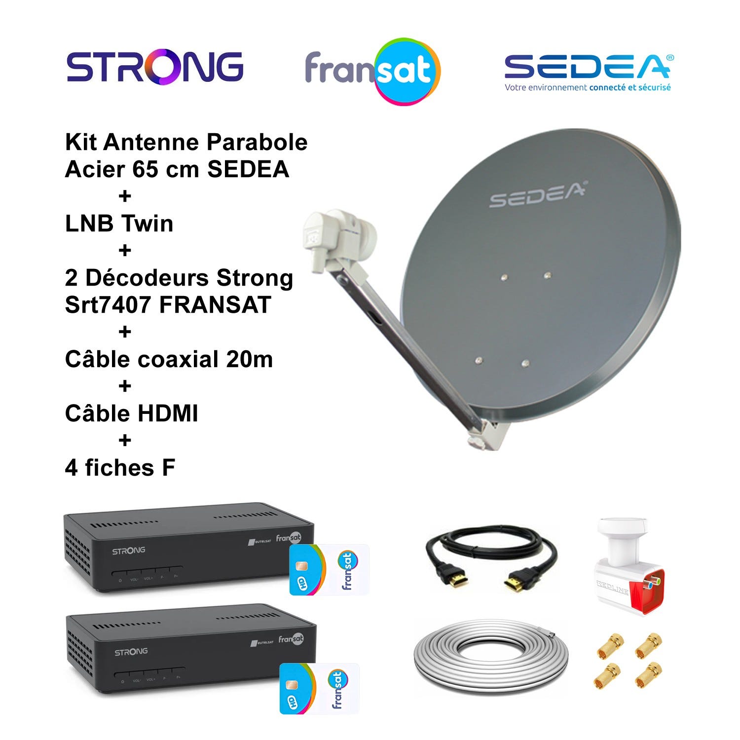 Kit Parabole Acier 65 cm Anthracite + LNB Twin 0,1 dB HD + 2 Décodeurs  Strong SRT 7407 + Câble coaxial 20m + Câble HDMI + 4 fiches F