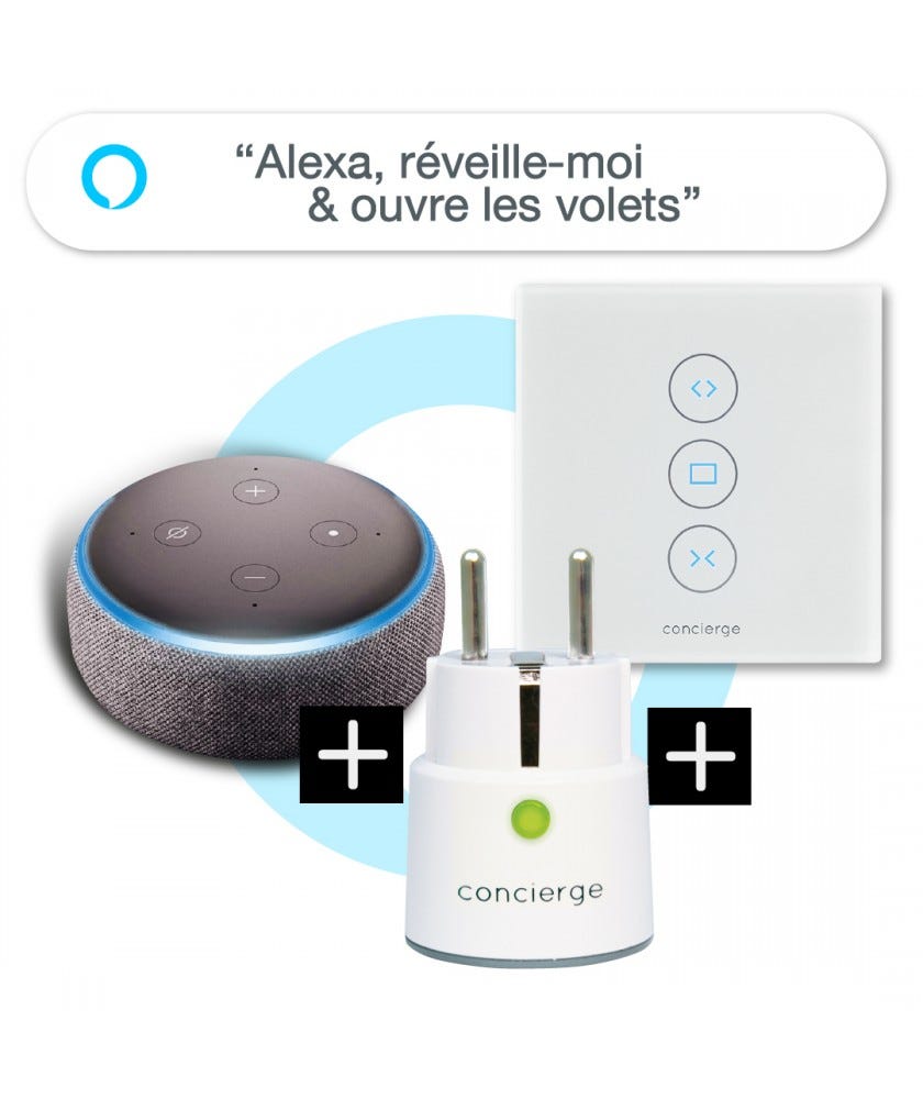 Pack Concierge x Alexa : 1 Enceinte Echo Dot 3 + 1 Prise Mini Plug + 1  interrupteur pour volets roulants