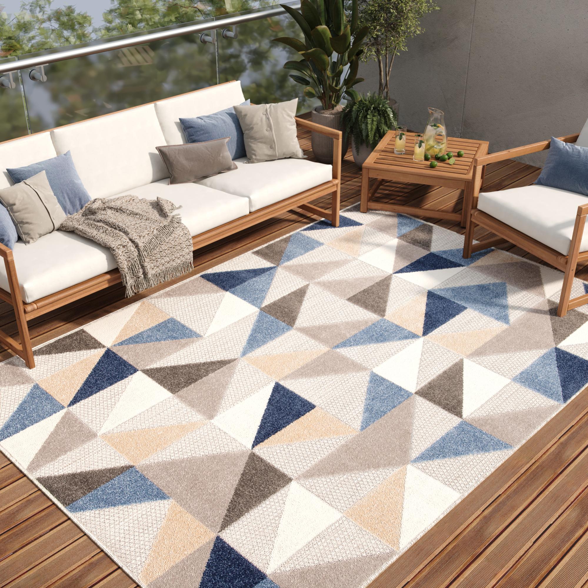 Tapiso patio alfombra exterior interior habitación cocina terazza balcón efecto 3d azul gris beige crema geométrico pelo corto 80 x 150 cm
