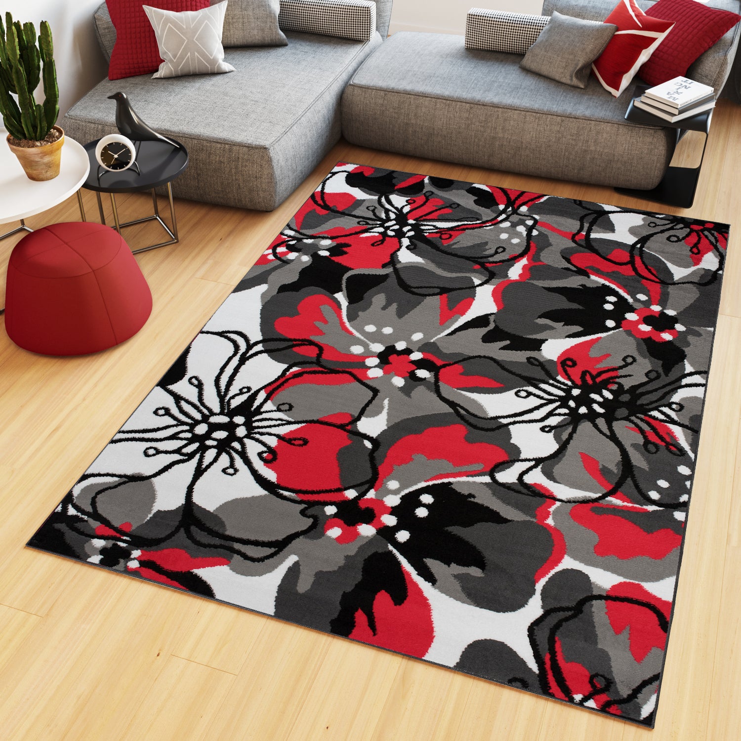 TAPISO Maya Tapis Salon Rouge Gris Noir Blanc Fleure Feuille Fin