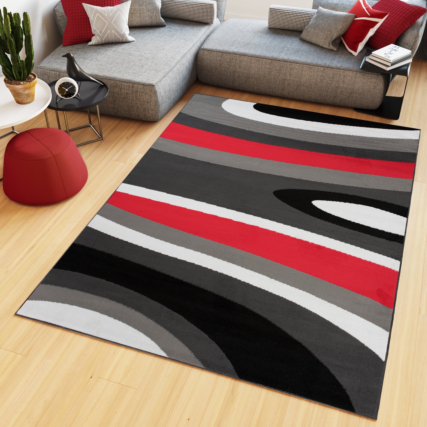 Alfombra de salón rojo gris negro blanco círculos 300 x 400 cm MAYA