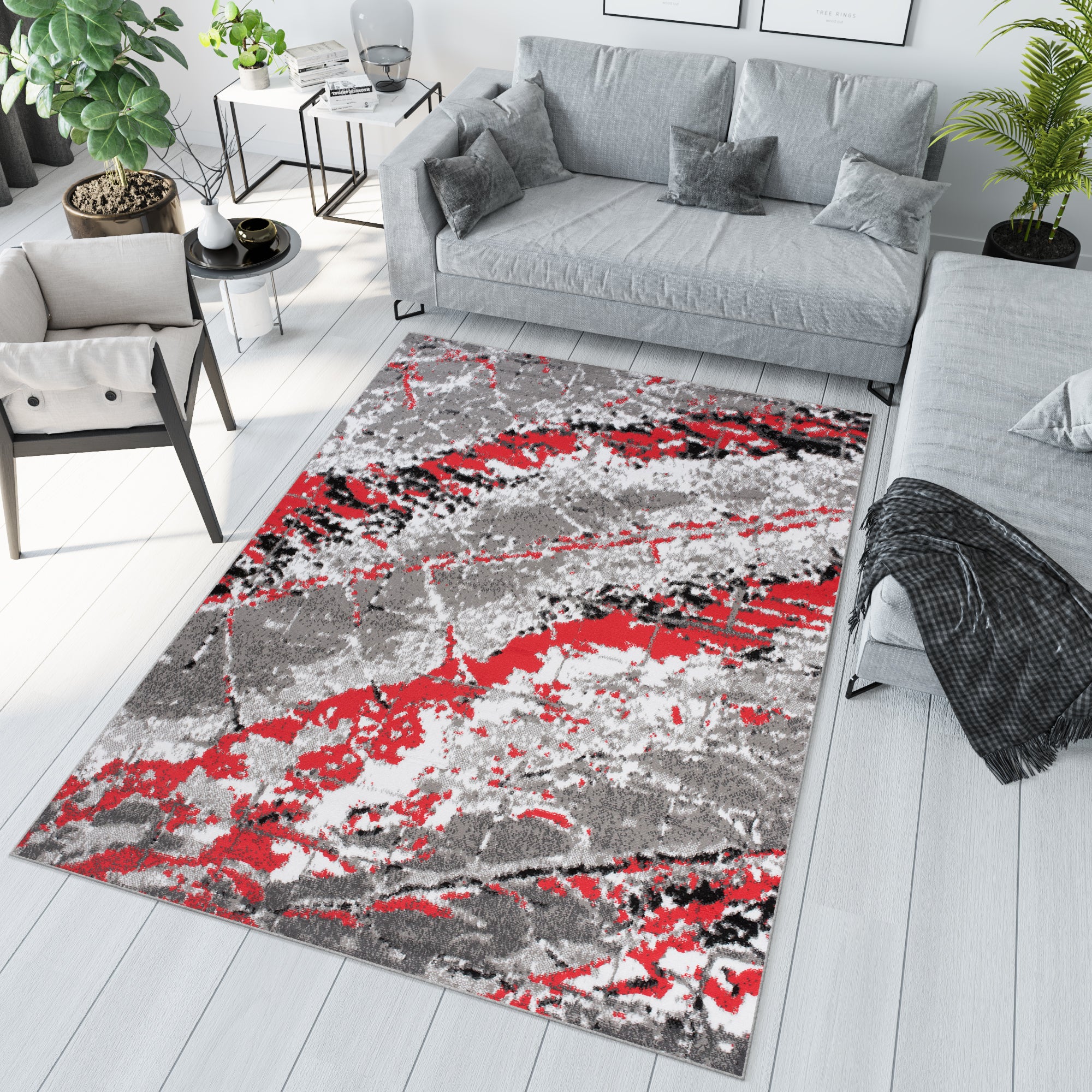 TAPISO Maya Tapis Salon Rouge Noir Gris Blanc Abstrait Rayures Fin