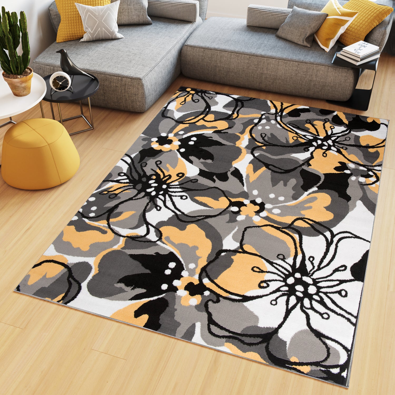 TAPISO Maya Tapis Salon Jaune Gris Noir Blanc Fleure Feuille Fin