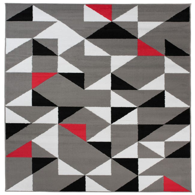 TAPISO Maya Tapis Salon Rouge Gris Noir Triangles Géométrique Mosaïque Fin  250 x 300 cm