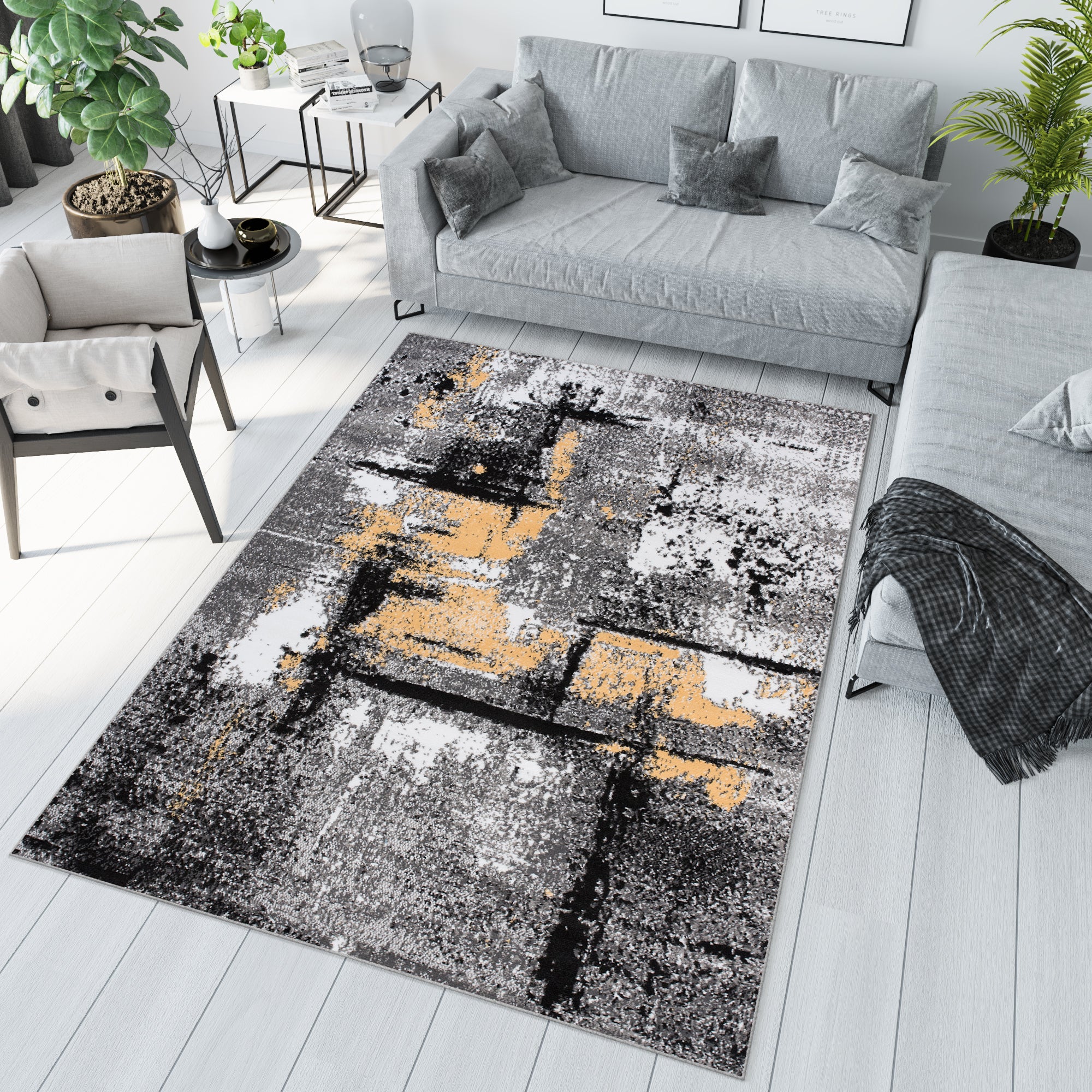 TAPISO Maya Tappeto Passatoia Corridoio Moderno Grigio Nero Giallo  Macchiato Sottile 70 x 180 cm