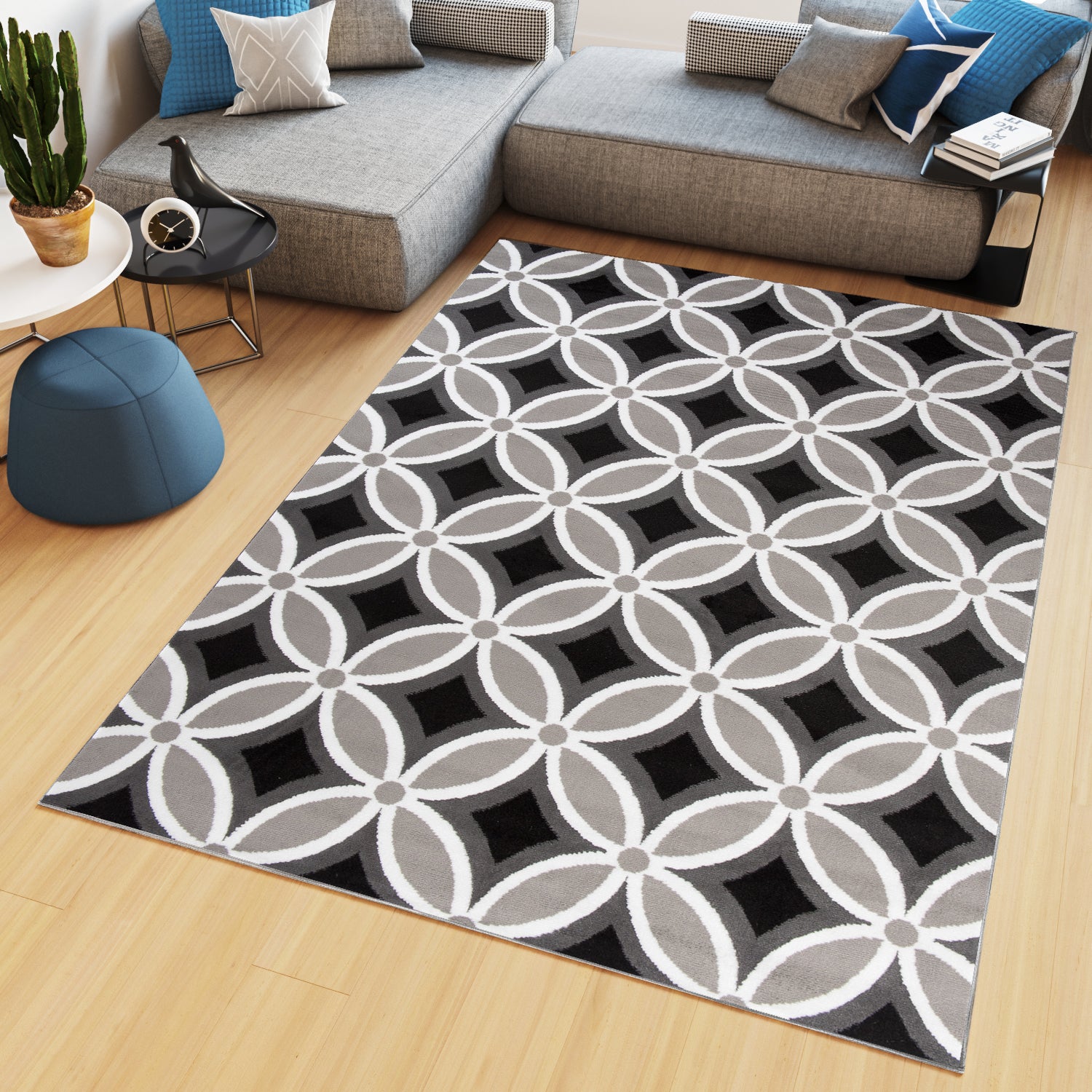 Alfombra de salón con rayas geométricas, 200 x 300 cm, color negro y  plateado