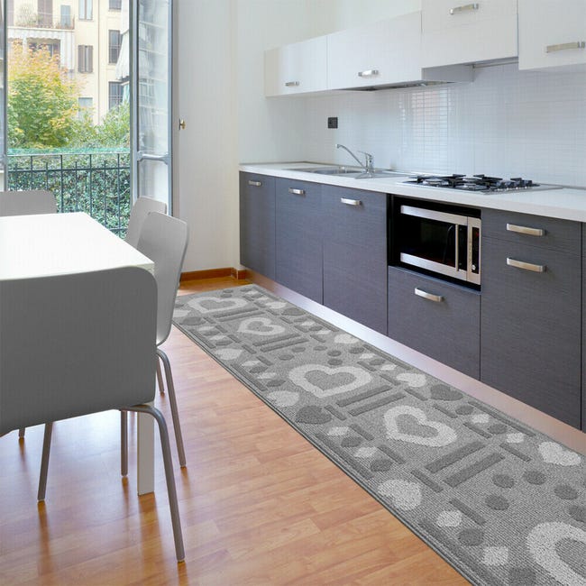 Tappeto Cucina Antiscivolo 57x130 cm Cuori 3D Lavabile Moderno Assorbente  100% Made in Italy Grigio