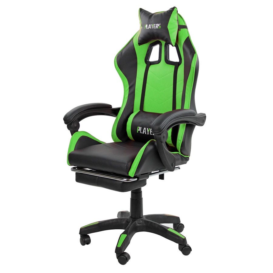 Poltrona sedia gaming verde e nera ergonomica con schienale reclinabile