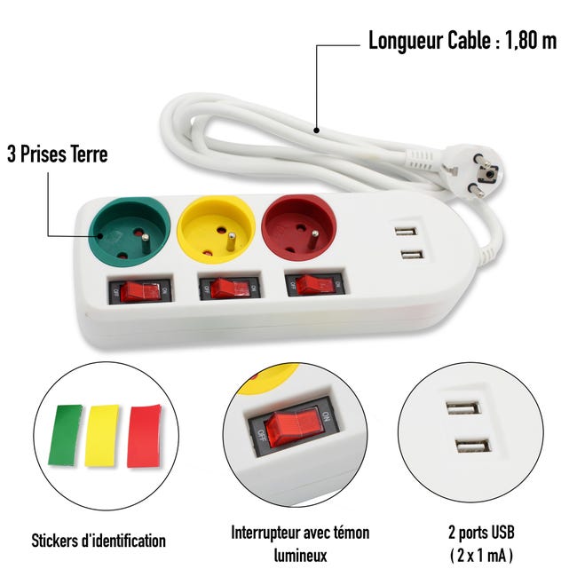 Bloc Multiprise Trio Color avec Interrupteurs Individuels - 3 Prises + 2  Ports USB 2 A Stickers Inclus - Certifie CE et RoHS - 23 x 8 CM - Blanc