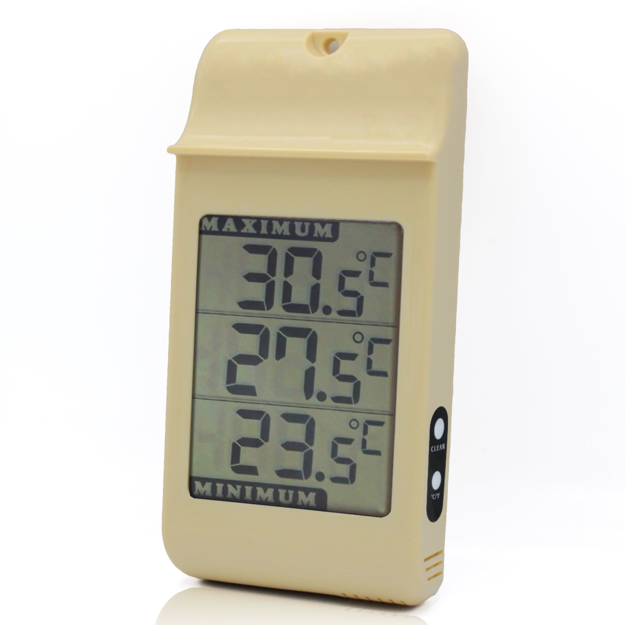 FISHTEC Thermometre Mini/Maxi Grands chiffres - Interieur et Exterieur -  Accroche Murale - Memoire des temperatures mini et maxi - 16 CM x 8 CM