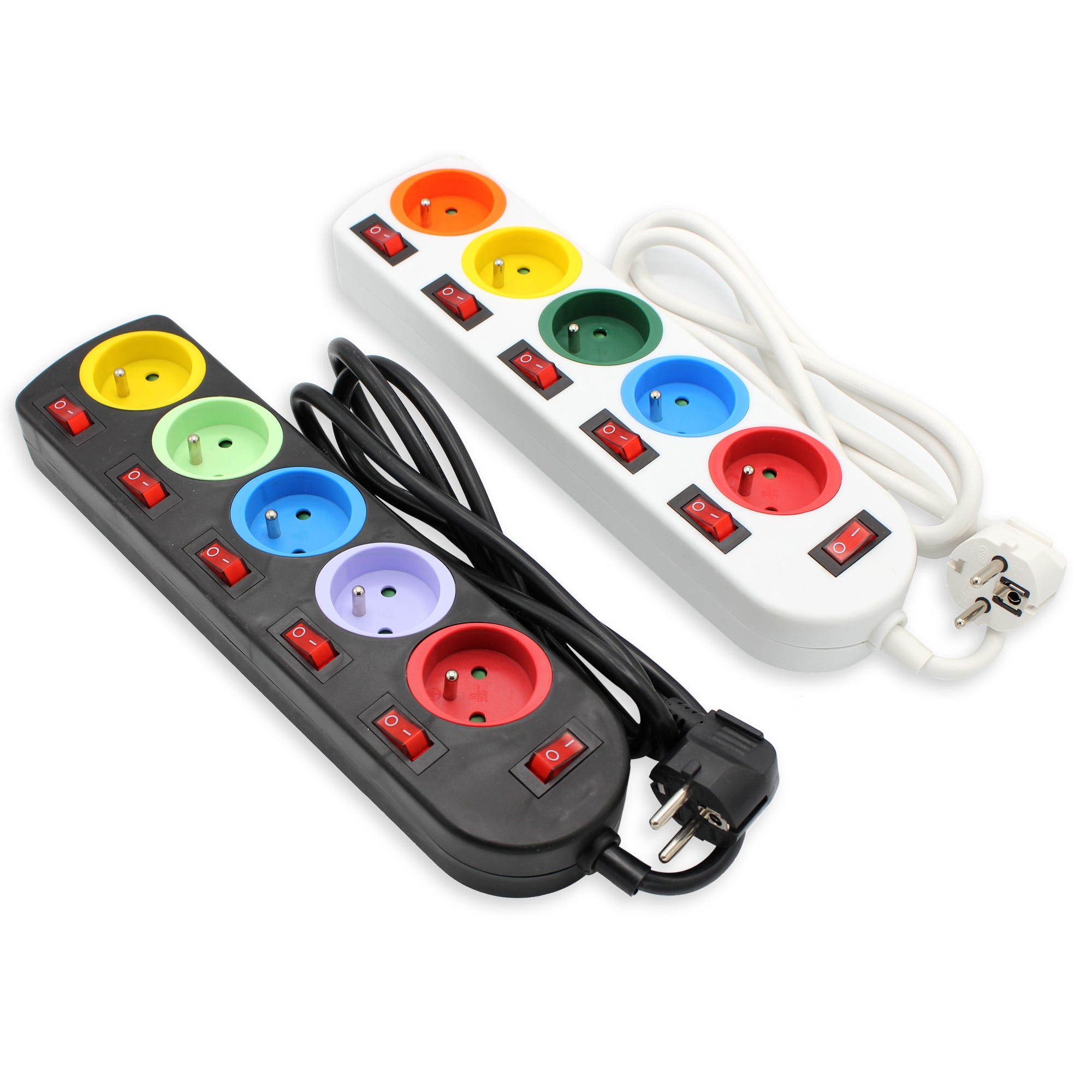 Lot de 2 Bloc Multiprise Couleur - Interrupteur pour chaque sortie +  stickers d'identification - Interrupteur general - Cable 1,5 M - Noir et  Blanc