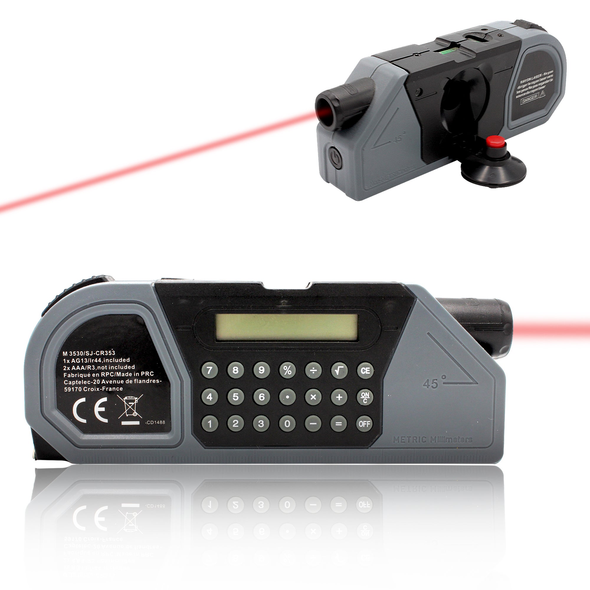 Metre 4 en 1 : Marqueur Laser avec Ventouse de Fixation + 2 Niveaux a Bulle  + Metre Ruban 2,5 Metres + Calculatrice - Grand Chiffres