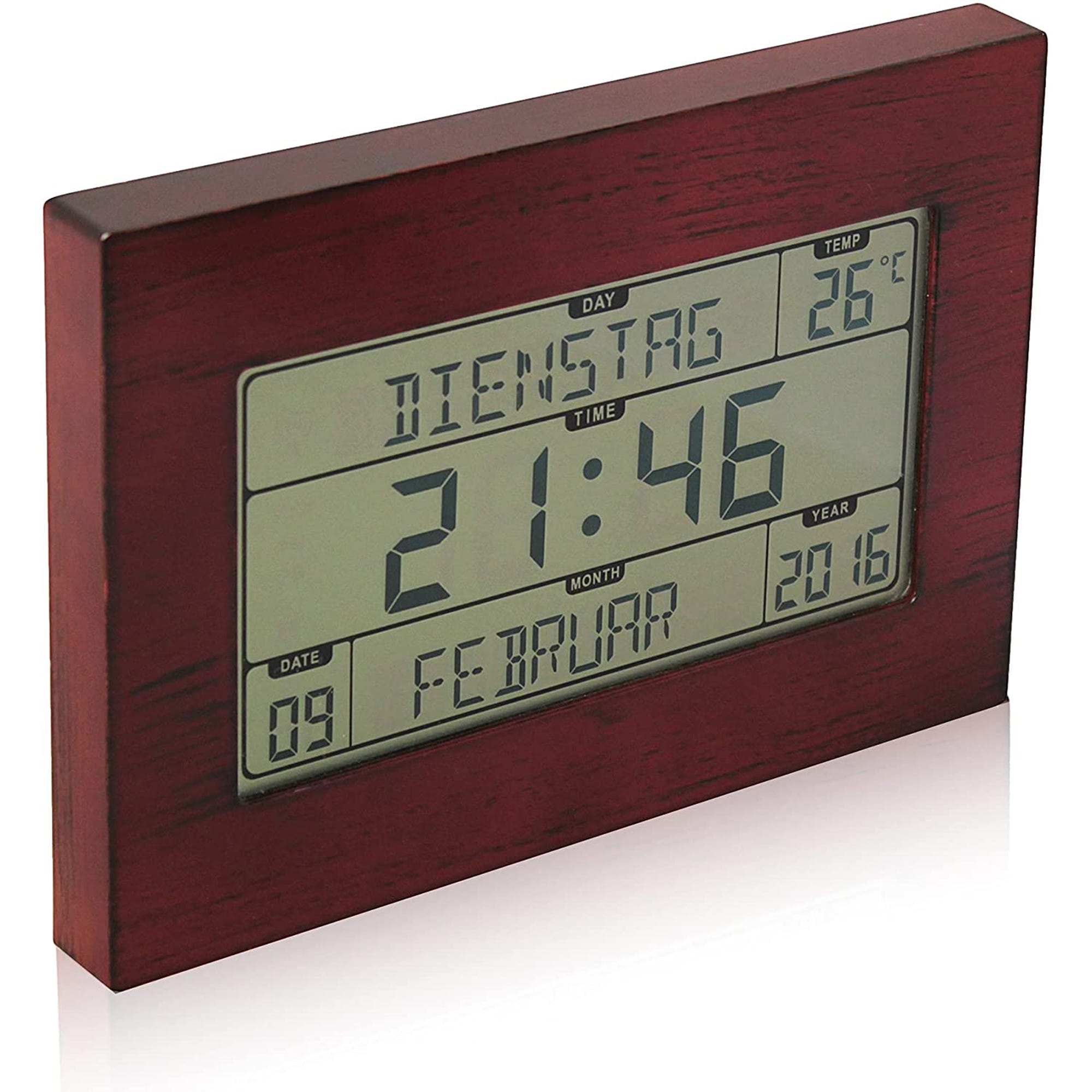 Horloge Reveil Numerique Murale Radiopilotee - Calendrier Date Jour Heure -  8 Langues - Fonction Temperature - Murale ou Pied - 23 x 16CM - Motif Bois